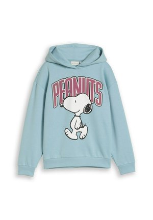 Lichtblauwe capuchontrui met Snoopy die loopt en grote paarse "PEANUTS" tekst over de borst.