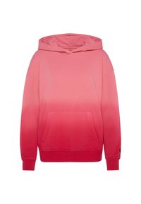 Rosa Farbverlauf Pullover-Hoodie aus weicher Stoffqualität, mit einer vorderen Kängurutasche, gerippten Bündchen und einer verstellbaren Kapuze mit Kordelzug.