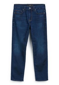 Donkerblauwe denim jeans met een rechte pijp, vijf zakken en contrasterende oranje stiksels. Glad oppervlak met een lichte vervaging op de dijen.