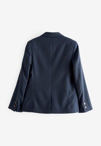 Navy blue blazer with notched collar, long sleeves, back vent, and button details on cuffs, displayed flat from the back on white background.