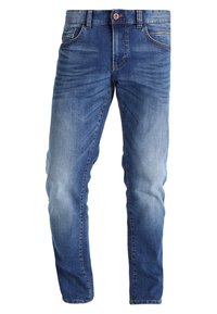 Jeans in denim blu con vestibilità dritta, caratterizzati da una finitura leggermente sbiadita e un design a cinque tasche. Chiusura con bottone in metallo e passanti per cintura inclusi.