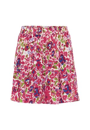 Ziedu motīvu svārki baltā krāsā ar rozā, zaļām un ziliem ziediem. Elastīga jostasvieta, krokota dizaina un viegla auduma.