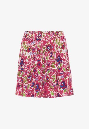 Witte rok met bloemenprint, versierd met roze, groene en blauwe bloemen. Elastische tailleband, geplooid design en lichtgewicht stof.