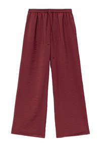 Pantalons à jambe large en bordeaux, avec une surface texturée et une taille élastique dotée d'un cordon de serrage. Pas de poches ni d'accents supplémentaires.