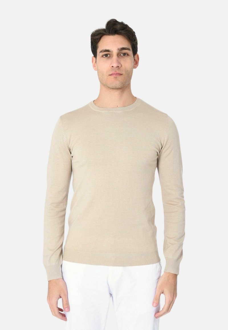 Maglione beige a maniche lunghe in morbido tessuto a maglia con scollatura a girocollo e polsini a coste, indossato con pantaloni bianchi. Texture liscia e design aderente.