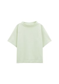 Maglietta oversize verde chiaro a maniche corte con collo alto, realizzata in tessuto texture, con orlo dritto e design minimalista.