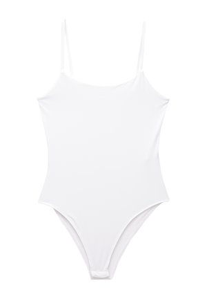 White one-piece swimsuit, featuring a high-cut leg, thin shoulder straps, and a smooth, stretchy fabric. Minimalist design, no patterns or accents.
