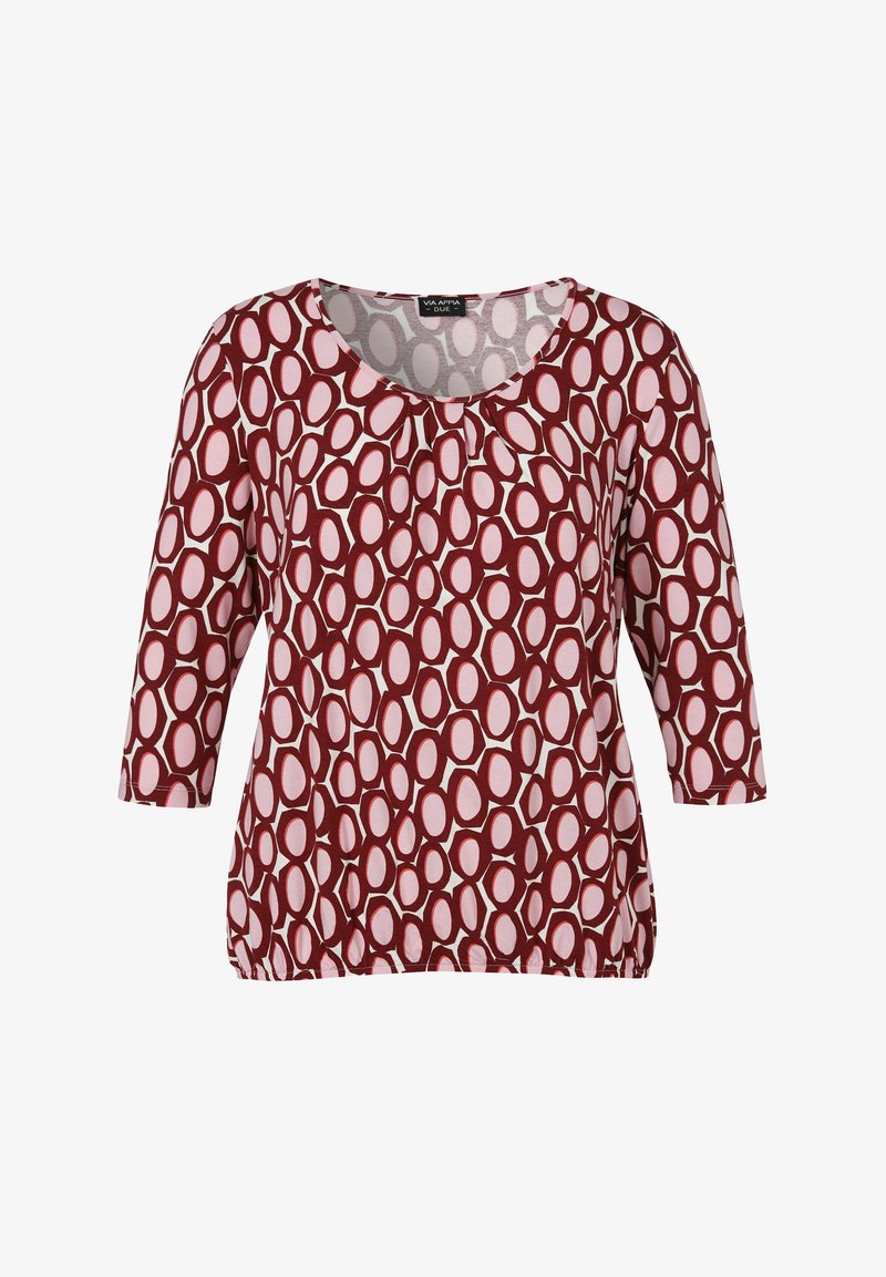 Red and pink tunic with a pattern of oval shapes, featuring a scoop neckline and 3/4 sleeves; slightly gathered at the hem.