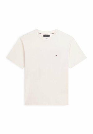 Effen wit t-shirt met korte mouwen en ronde hals, met klein Tommy Hilfiger vlaglogo op de linkerborst.