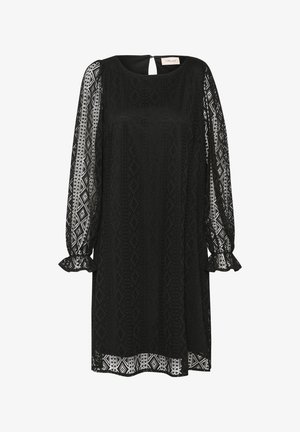 Must mustkunst, millel on keerukad geomeetrilised pitsmustrid, pikad balloonsleeved varrukad, millel on voolavad mansetid, ja selja lõhik.