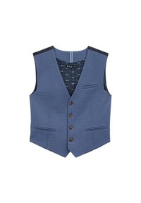 Blå, ärmlös väst med fem bruna knappar, två framsidor fickor och mönstrad innerfoder. Slät textur med skräddarsydd design.