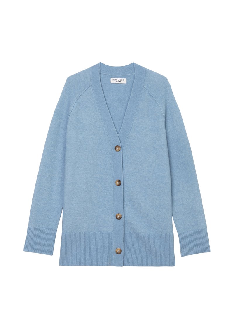 Hellblauer Cardigan aus weichem Strickstoff, mit V-Ausschnitt, Raglanärmeln und fünf Holzknöpfen auf der Vorderseite.