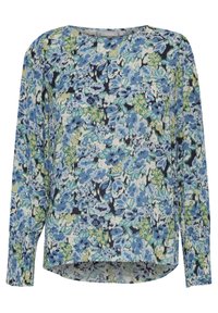 Blumenbluse in Blau-, Grün- und Weißtönen. Mit langen Ärmeln, rundem Ausschnitt und einem Saum, der hinten tiefer geschnitten ist. Leichte Stoffqualität.