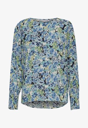 Květinová blůza v odstínech modré, zelené a bílé. Má dlouhé rukávy, kulatý výstřih a lem, který je vzadu delší. Lehký materiál.