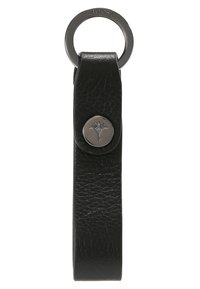 Black leather keychain with a smooth texture, featuring a circular metal keyring and a button accent with a design motif.