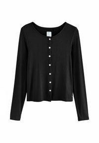 Black long-sleeve cardigan made of ribbed fabric, featuring a round neckline and a front button closure with white buttons.
