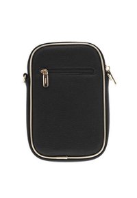 Sac bandoulière en cuir noir avec des accents dorés, une poche zippée et une forme rectangulaire. Surface texturée avec une finition contrastante.