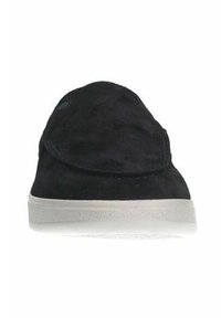 Zwarte suede instap-schoen met een ronde neus, voorzien van een witte rubberen zool en een minimalistisch ontwerp. Glad textuur zonder zichtbare patronen.