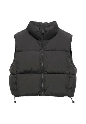 Veste sans manches noire matelassée avec fermeture éclair devant et col haut, avec cordons ajustables sur les côtés inférieurs.