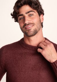 Burgundy knitted sweater with a ribbed crew neckline, featuring a soft, textured surface and long sleeves, displayed on a model.