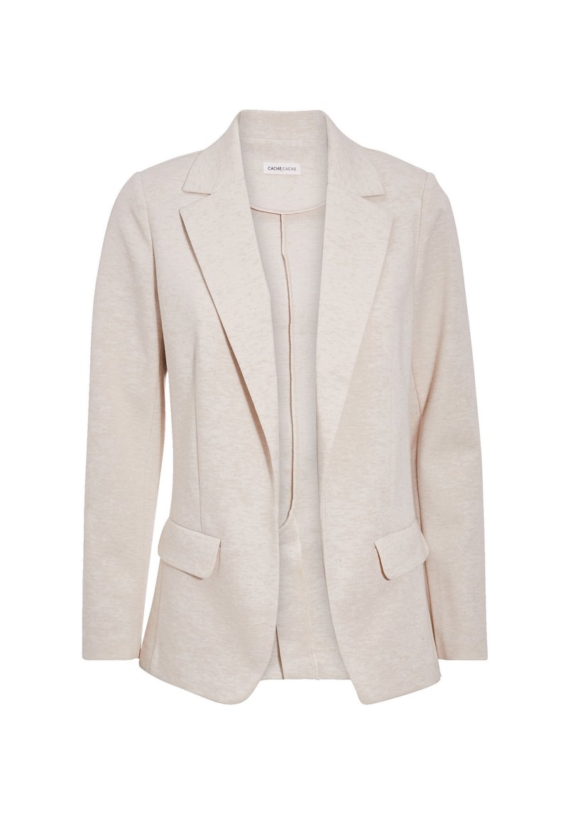 Blazer beige en tissu doux avec une légère texture. Dispose d'un col cranté, de deux poches avant et d'une coupe ouverte sur le devant.