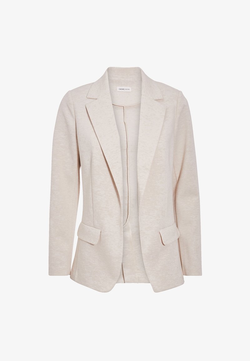 Blazer beige en tissu doux avec une légère texture. Dispose d'un col cranté, de deux poches avant et d'une coupe ouverte sur le devant.