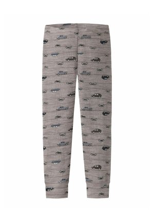 Grijze kinderbroek met een patroon van kleine zwarte en blauwe auto's en motorfietsen, gelijkmatig verdeeld over de stof.