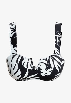 Schwarzer und weißer Bikini-Oberteil mit einem tropischen Blattmuster, breiten Trägern, einem u-förmigen Ausschnitt vorne und glattem, dehnbarem Material.