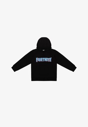 Schwarzer Kapuzensweater mit einer Fronttasche und einem mehrfarbigen "FORTNITE" Grafikdruck auf der Brust. Material aus Baumwollmischung.