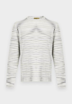 Knit sweater with a textured pattern in white, gray, and lavender. Features a round neckline and long sleeves. Simple, boxy shape.