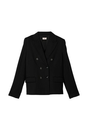 Sort blazer i en dobbeltbrystet design, med brede klapper, to forlommer og seks sorte knapper til lukning. Struktureret stof.