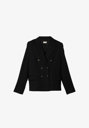 Zwarte blazer in een dubbelzijdig ontwerp, met brede revers, twee voorzakken en zes zwarte knopen voor sluiting. Gestructureerde stof.