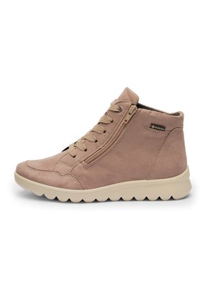 Beiger High-Top-Sneaker mit Schnürsenkeln vorne, Seitenreißverschluss, Gore-Tex-Label und hellbeiger, wellenförmiger Gummisohle.