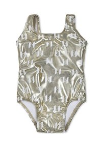 Maillot de bain métallique doré avec des motifs géométriques blancs, présentant une encolure dégagée, des bretelles larges et des bords élastiques pour un ajustement confortable.