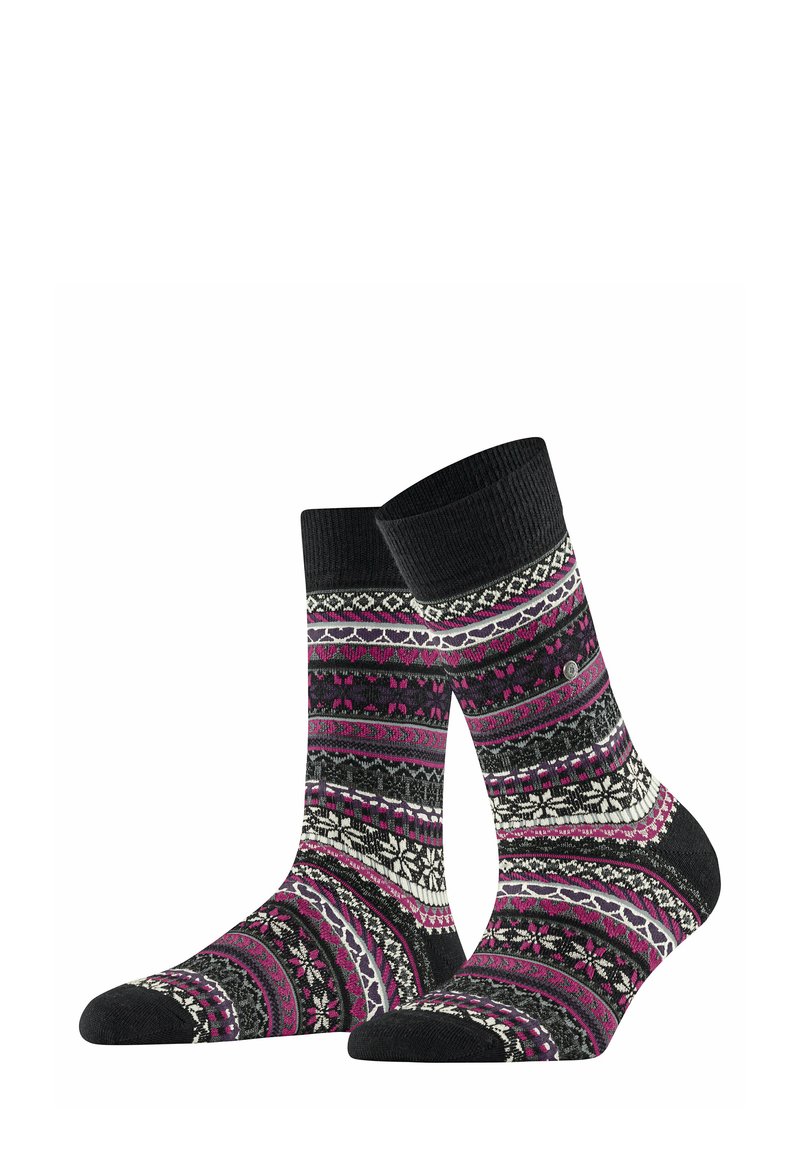 Calze di lana con una base nera e un motivo geometrico multicolore in rosa, bianco e grigio, rifinite con un bordo a coste.