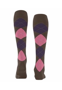 Calze alte fino al ginocchio in marrone con un motivo argyle geometrico in accenti di rosa, viola e azzurro chiaro. Texture morbida, design lavorato a maglia.