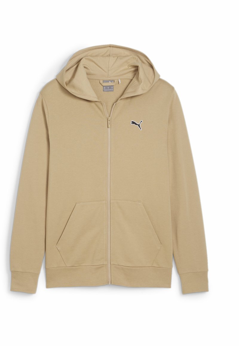 Béžová mikina s predným zipsom, dvoma bočnými vreckami a kapucňou so šnúrkou. Na ľavej strane hrude sa nachádza čierne logo Puma.