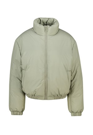 Chaqueta acolchada en verde claro, con un alto cuello, cremallera frontal, puños elásticos y dobladillo inferior. Material suave y ligeramente reflectante.
