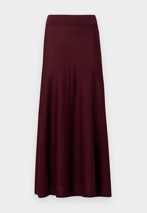Burgunderfarget maksiskjørt med en glatt, elastisk midjebånd; flytende design med en liten vidde fra hoftene; laget av lett stoff.