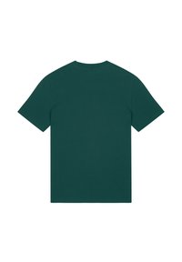 T-shirt en coton vert avec des manches courtes, un col rond et un dos uni. Le tissu semble doux et lisse avec une couleur unie.