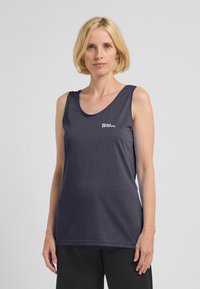 Canottiera senza maniche blu navy con una texture liscia e leggera. Presenta un collo rotondo e un piccolo logo bianco sul lato sinistro.
