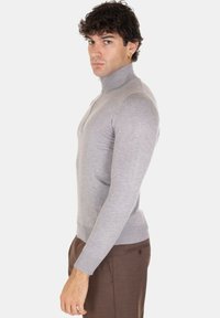 Maglione grigio aderente con colletto alto, maniche lunghe e orlo a costine. Indossato con pantaloni marroni, mostrato di lato su uno sfondo bianco.