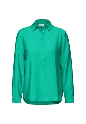 Světlé tyrkysové dlouhé rukávy s knoflíkovou légou, límcem a hladkou, mírně pomačkanou texturou. Normální střih.