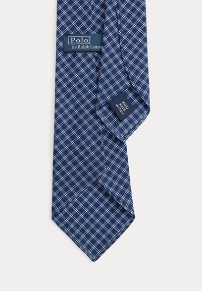 Μπλε γραβάτα με λευκό σχέδιο σε πλέγμα, με ετικέτες "Polo by Ralph Lauren" και "Χειροποίητο στην Ιταλία".