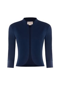 Veste tailleur bleu marine avec col rond et manches trois-quarts. Tissu lisse, devant ouvert sans boutons, et ourlet arrondi.