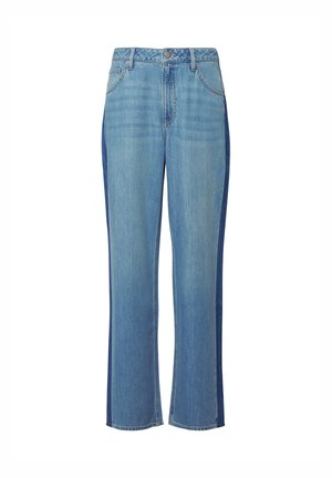 Hellblaue Jeans mit geradem Bein, dunkleren blauen Seitenpartien, vorderen Taschen, Gürtelschlaufen und Knopfverschluss.