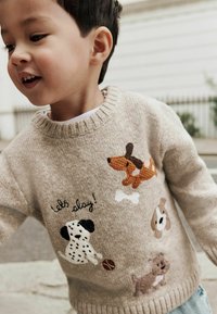 Pull en tricot beige à col rond avec une broderie de chien colorée et texturée et la phrase "jouons !" en fil noir.