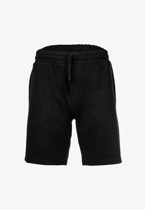 Schwarze lässige Shorts mit elastischem Bund und Kordelzug, seitlichen Taschen und knielangem Schnitt.