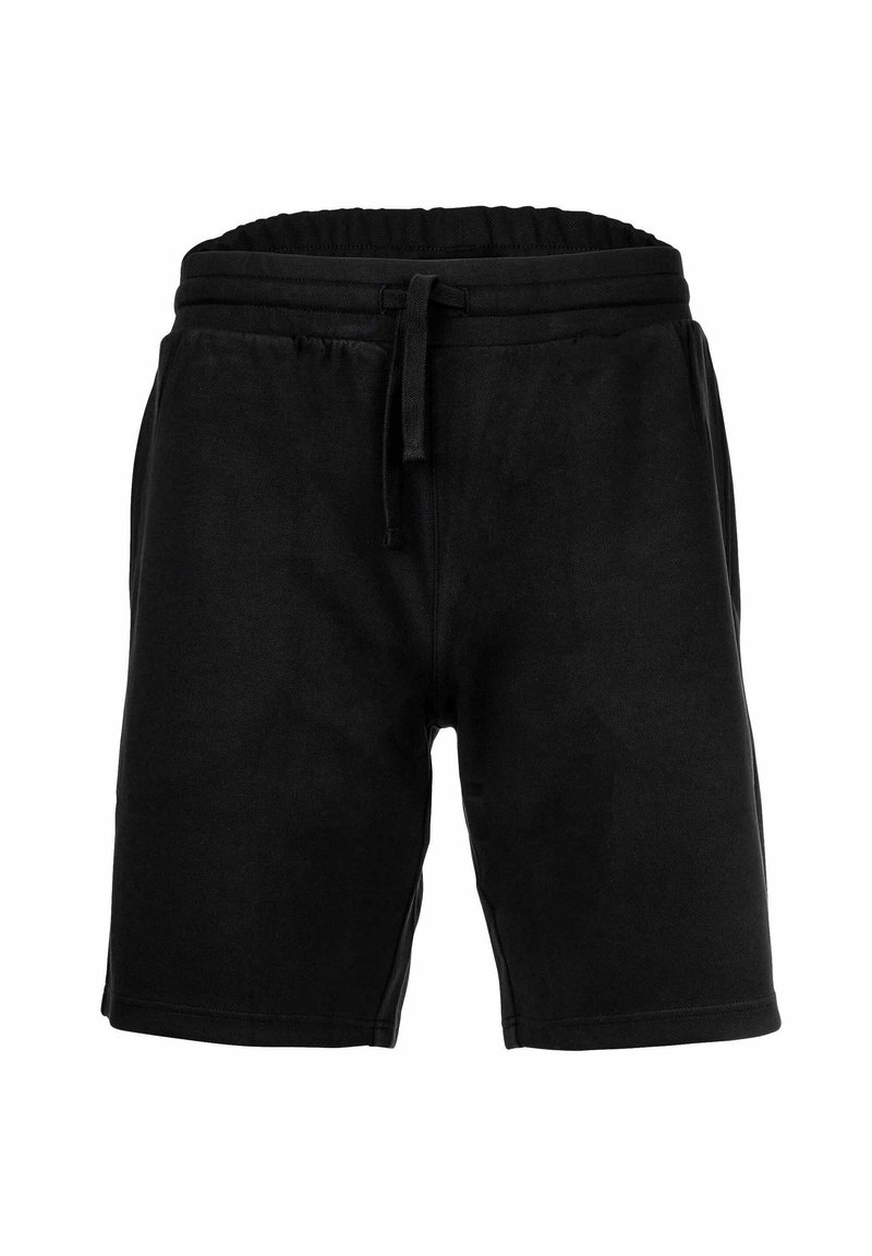 Pantaloni corti neri casual con vita elastica e coulisse, tasche laterali e taglio al ginocchio.