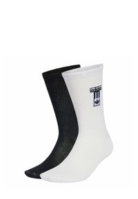 Two pairs of socks: one black with subtle texture, and one white with ribbed design; both feature an embroidered Adidas logo.